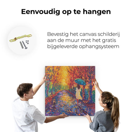 Canvas schilderij ophangen Vrouw loopt een Pad Af met een Paraplu