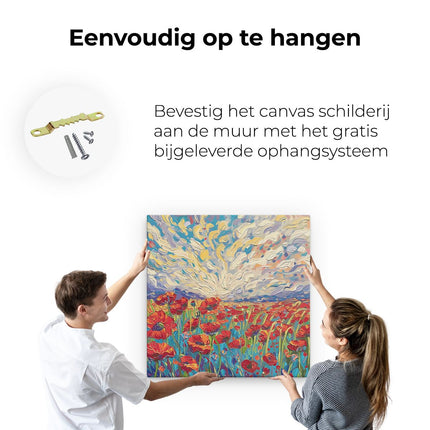 Canvas schilderij ophangen Rode Klaprozen in een Veld met een Blauwe Lucht