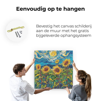 Canvas schilderij ophangen Kunstwerk van Zonnebloemen in een Veld