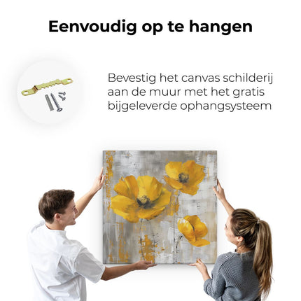 Canvas schilderij ophangen Drie Gele Klaprozen op een Grijze Achtergrond