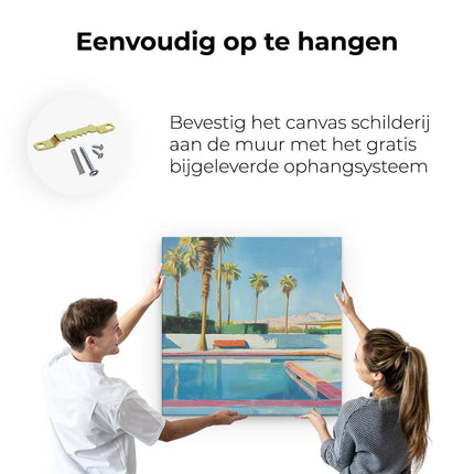Canvas schilderij ophangen Kunstwerk van een Zwembad met Palmbomen
