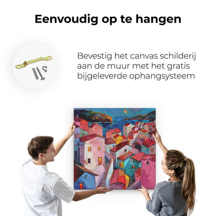 Canvas schilderij ophangen Kleurrijk Kunstwerk van een Stad bij Nacht