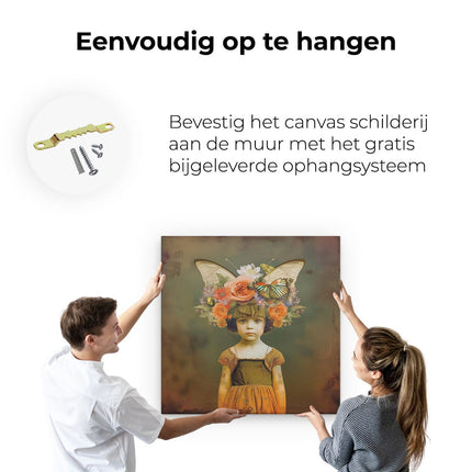 Canvas schilderij ophangen Meisje in een Jurk met een Vlinder op haar Hoofd