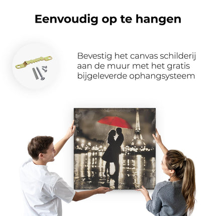 Canvas schilderij ophangen Paar Kussen onder een Rode Paraplu met de Eiffeltoren op de Achtergrond