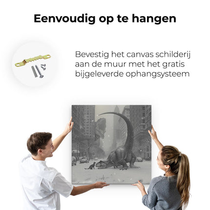 Canvas schilderij ophangen T - Rex en een Kat in een Besneeuwde Stad