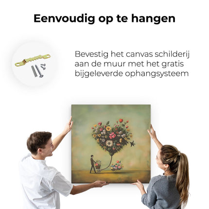Canvas schilderij ophangen Man die een Kar Voortduwt met een Hartvormig Boeket Bloemen