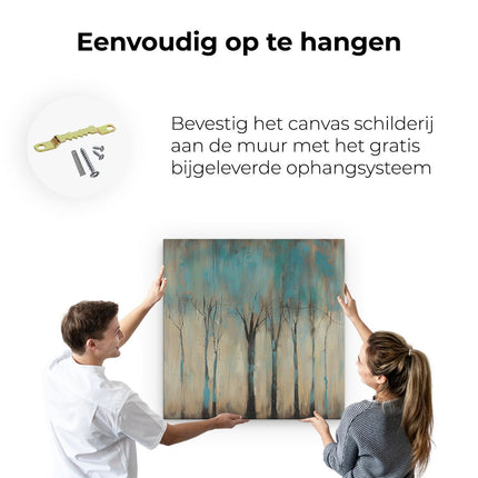 Canvas schilderij ophangen Kunstwerk van Bomen in Blauw en Bruin