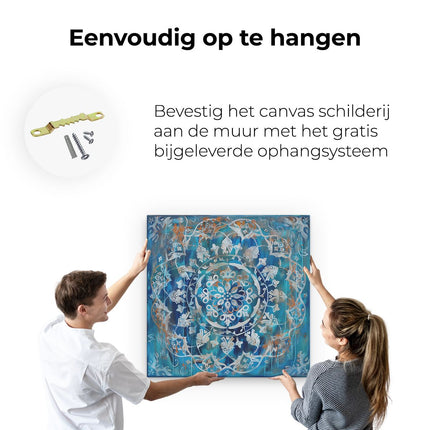 Canvas schilderij ophangen Blauwe en Witte Mandala