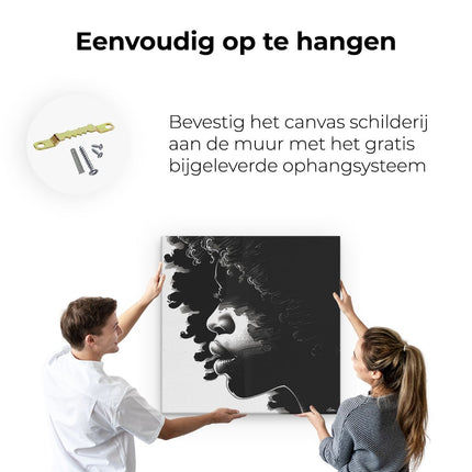 Canvas schilderij ophangen Zwart Wit Tekening van een Vrouw met Afrohaar