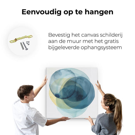 Canvas schilderij ophangen Blauwe, Gele en Witte Cirkels op een Witte Achtergrond