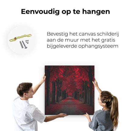Canvas schilderij ophangen De Weg is Omzoomd met Rode Bladeren