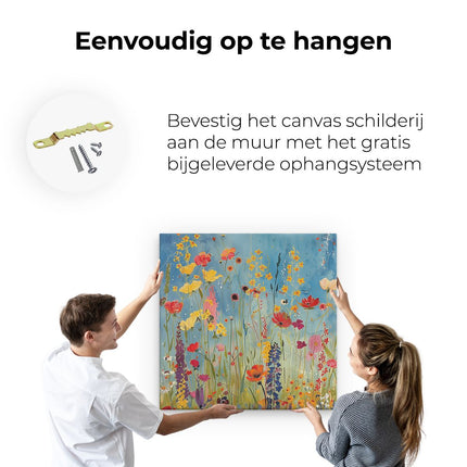 Canvas schilderij ophangen Kleurrijke Bloemen in een Veld