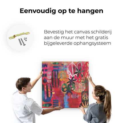 Canvas schilderij ophangen Kleurrijk Abstract Kunstwerk met Verschillende Vormen en Kleuren