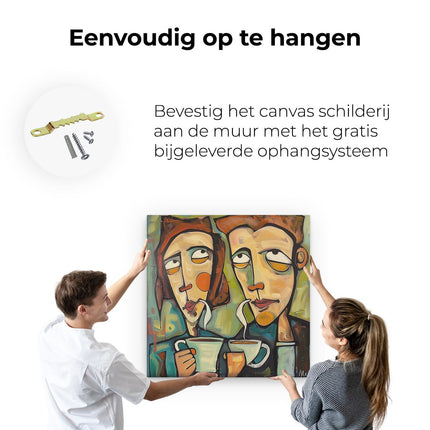 Canvas schilderij ophangen Twee Mensen die Koffie Drinken