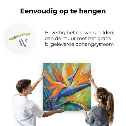 Canvas schilderij ophangen Oranje en Blauw Kunstwerk van een Paradijsvogelbloem