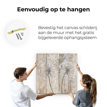 Canvas schilderij ophangen Paardebloemen op een Houten Plank