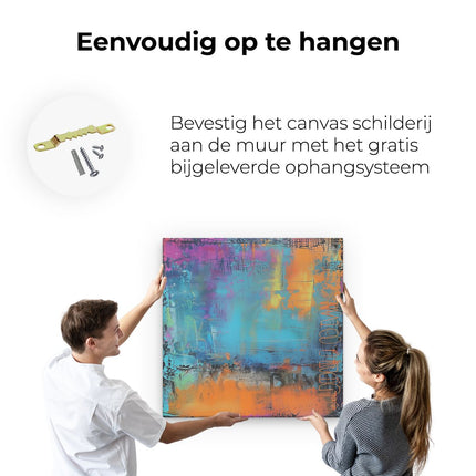 Canvas schilderij ophangen Abstract Kunstwerk met Blauwe, Oranje en Gele Kleuren