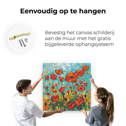 Canvas schilderij ophangen Rode Klaprozen op een Blauwe Lucht