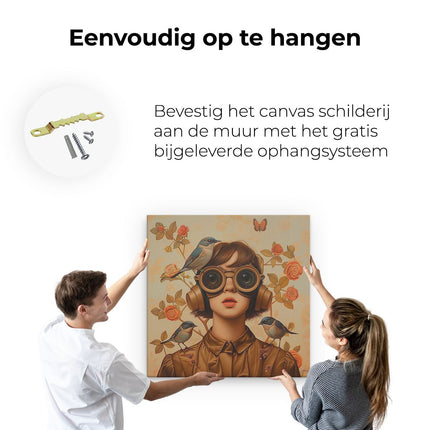 Canvas schilderij ophangen Meisje met Vogels op haar Hoofd