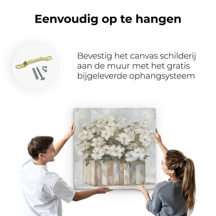 Canvas schilderij ophangen Witte Bloemen in een Houten Kist