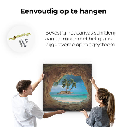 Canvas schilderij ophangen Grot met Uitzicht op de Oceaan en Palmbomen