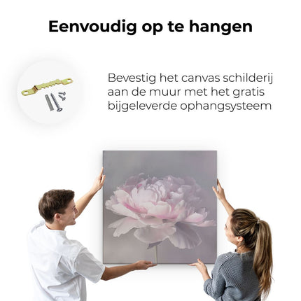 Canvas schilderij ophangen Roze Pioenroos op een Witte Achtergrond