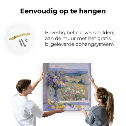 Canvas schilderij ophangen Kunstwerk van Bloemen op een Vensterbank