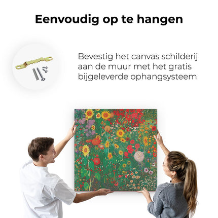 Canvas schilderij ophangen Kunstwerk van een Tuin met Zonnebloemen en andere Bloemen