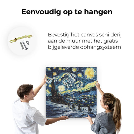 Canvas schilderij ophangen Kunstwerk van een Sterrennacht met Mensen op Ski's