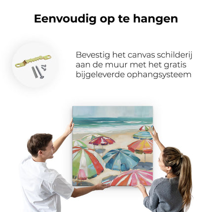 Canvas schilderij ophangen Kleurrijke Parasols op het Strand