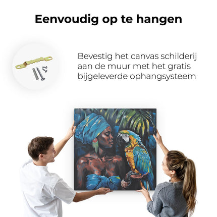 Canvas schilderij ophangen Kunstwerk van een Vrouw met een Papegaai