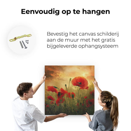 Canvas schilderij ophangen Rode Papavers in een Veld bij Zonsondergang