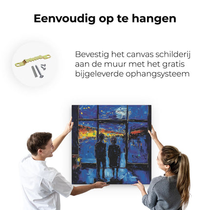 Canvas schilderij ophangen Twee Mensen die 's Nachts uit een Raam Kijken