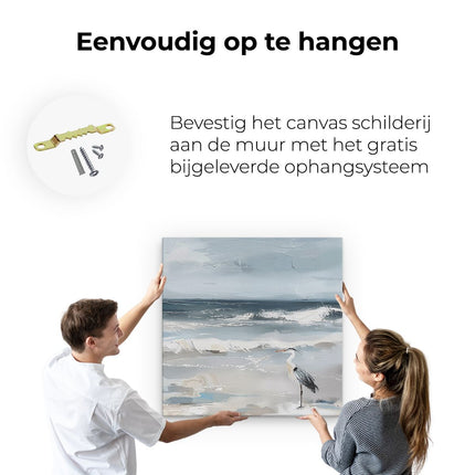 Canvas schilderij ophangen Kunstwerk van een Reiger op het Strand
