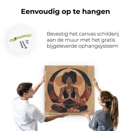 Canvas schilderij ophangen Zwarte Vrouw die op de Maan Mediteert