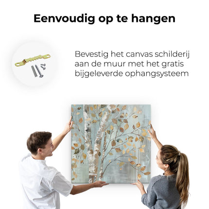 Canvas schilderij ophangen Kunstwerk van een Berk met Herfstbladeren