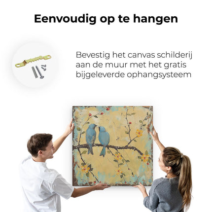 Canvas schilderij ophangen Twee Blauwe Vogels Zittend op een Tak