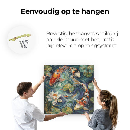 Canvas schilderij ophangen Drie Koivissen in een Vijver met Waterlelies