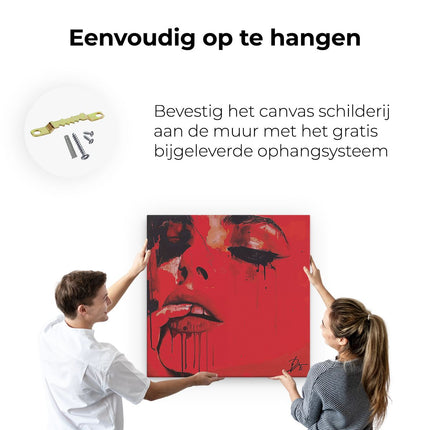 Canvas schilderij ophangen Kunstwerk van een Vrouw met Rode Verf op haar Gezicht