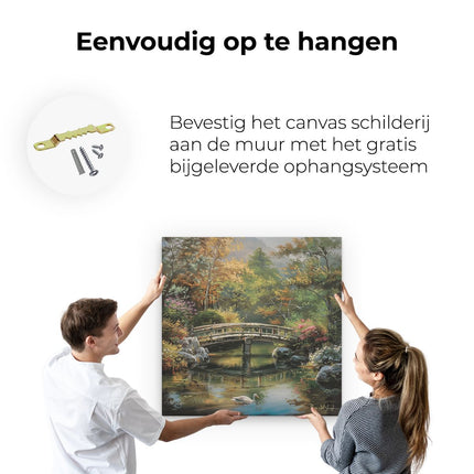 Canvas schilderij ophangen Kunstwerk van een Brug over een Vijver met Zwanen