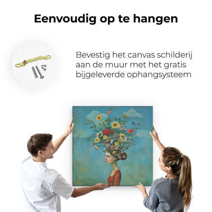 Canvas schilderij ophangen Vrouw met Bloemen op haar Hoofd