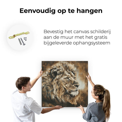 Canvas schilderij ophangen Leeuwenkop met een Bruine Achtergrond