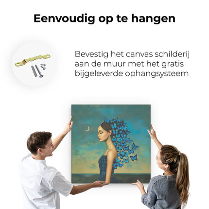 Canvas schilderij ophangen Vrouw met Blauwe Vlinders op haar Hoofd