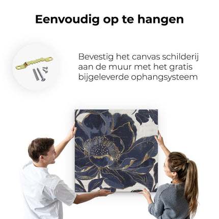 Canvas schilderij ophangen Blauw en Goud Bloemmotief op een Witte Achtergrond