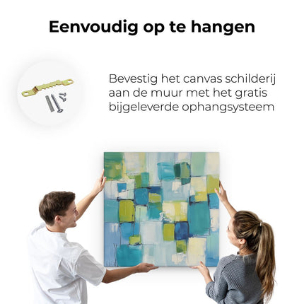 Canvas schilderij ophangen Abstract Kunstwerk met Blauwe, Groene en Gele Vierkanten