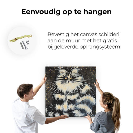 Canvas schilderij ophangen Zwart Witte Kat, Zittend op een Zwarte Achtergrond