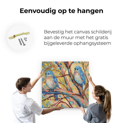 Canvas schilderij ophangen Twee Vogels Zaten op een Boomtak