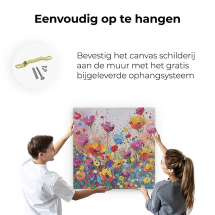 Canvas schilderij ophangen Kleurrijke Bloemen in een Veld