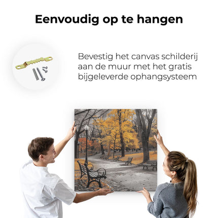 Canvas schilderij ophangen Zwart Wit Beeld van Bankjes in een Park