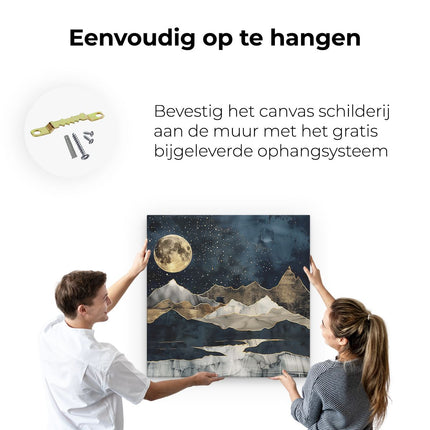 Canvas schilderij ophangen Nachtelijke Hemel met Bergen en een Volle Maan